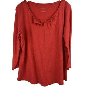 Talbots Women's Top L Solid Coral V Neck 100% Cotton 3/4 Sleeve Pullover Pleated